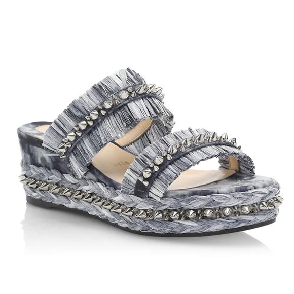 Christian Louboutin Tie-Dye Rafia Straw Flatform Slide Sandals - Picture 1 of 14